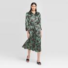 Women's Floral Print Long Sleeve Collared Neck Silky Shirt Midi Dress - Who What Wear Green