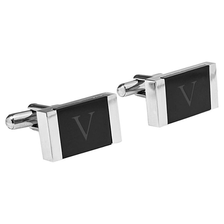 Cathy's Concepts Monogram Groomsmen Gift Faux Onyx Stainless Steel Cufflink - V,
