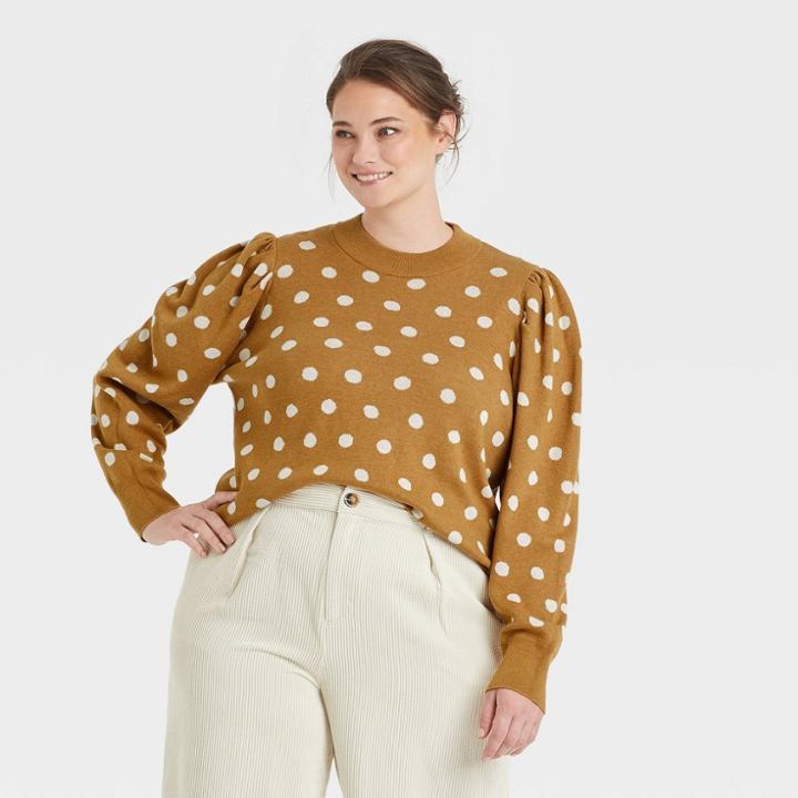 Women's Plus Size Polka Dot Mock Turtleneck Pullover Sweater - Who What Wear Brown