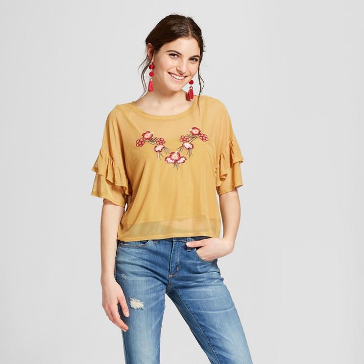 Women's Bell Sleeve Embroidered Crop Top - Xhilaration Mustard (yellow)