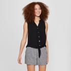 Women's Sleeveless Button-down Tie Front Top - A New Day Black Xxs