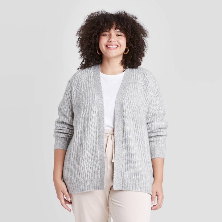 Women's Plus Size Open Neck Textured Cardigan - Ava & Viv Heather Gray X