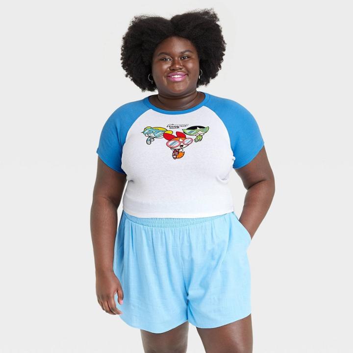Cartoon Network Women's Powerpuff Girls Plus Size Ringer Short Sleeve Cropped Graphic T-shirt - White