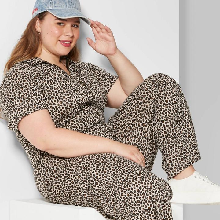 Women's Plus Size Animal Print Short Sleeve V-neck Zip-front Knit Jumpsuit - Wild Fable Brown, Women's, Size: