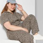 Women's Plus Size Animal Print Short Sleeve V-neck Zip-front Knit Jumpsuit - Wild Fable Brown, Women's, Size: