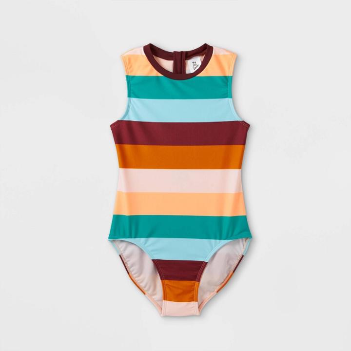 Girls' Sleeveless Striped One Piece Swimsuit - Art Class
