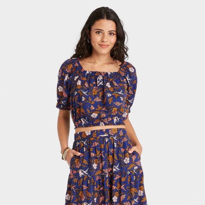 Women's Puff Short Sleeve Cropped Blouse - Universal Thread Navy Floral Xl, Blue Floral