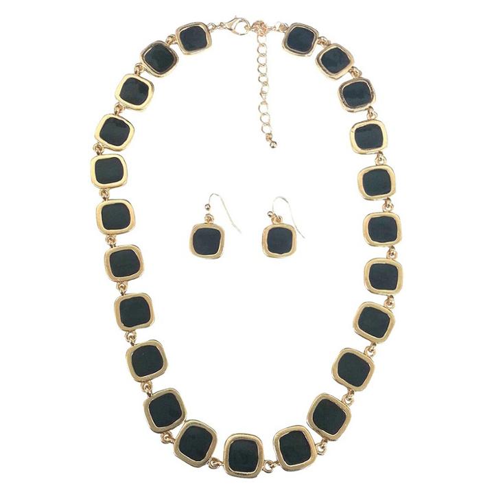 Zirconmania Square Enamel And Gold Link Electroplated Earrings And Necklace Set - Black, Women's