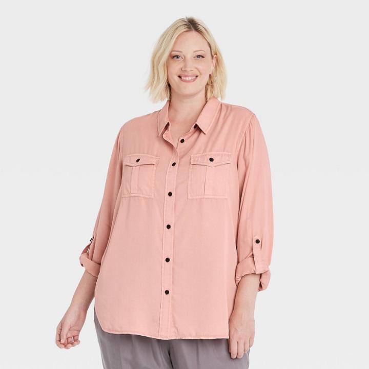 Women's Plus Size Long Sleeve Button-down Utility Shirt - Knox Rose Pink