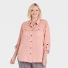 Women's Plus Size Long Sleeve Button-down Utility Shirt - Knox Rose Pink