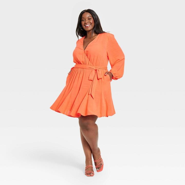Women's Plus Size Balloon Long Sleeve Woven Dress - Ava & Viv Orange