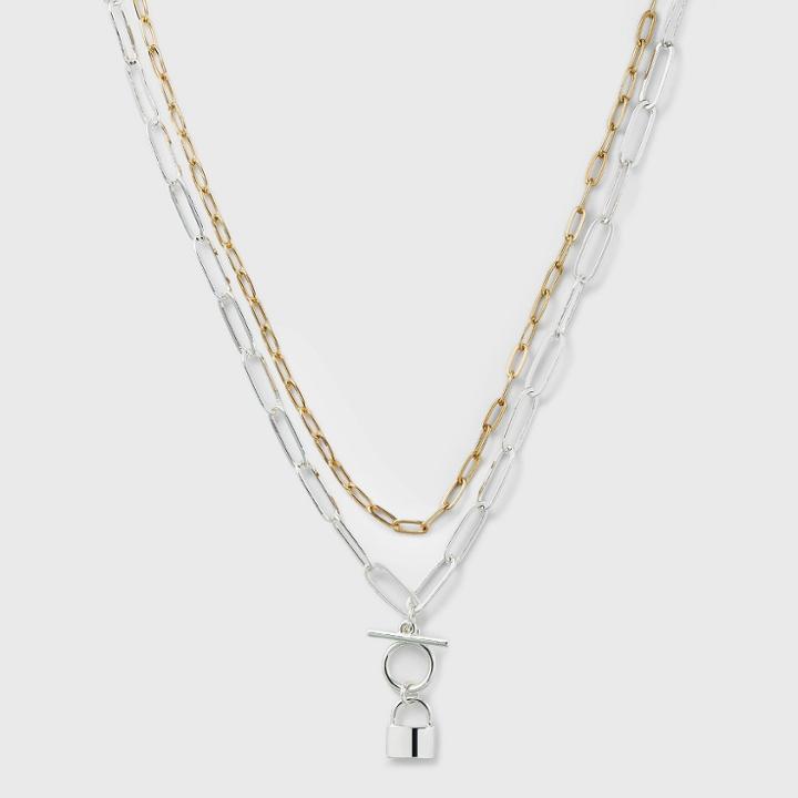 Multi-plated Lock 2 Row Paperclip Chain Necklace - A New Day , Gold/red/grey