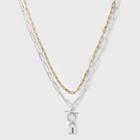 Multi-plated Lock 2 Row Paperclip Chain Necklace - A New Day , Gold/red/grey