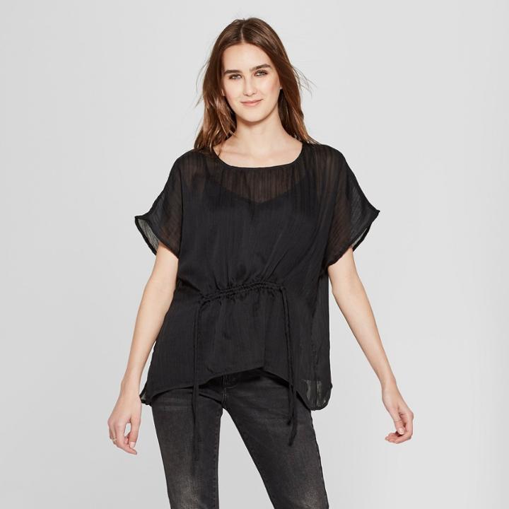 Women's Short Sleeve Sheer Drawstring Blouse - Mossimo Black