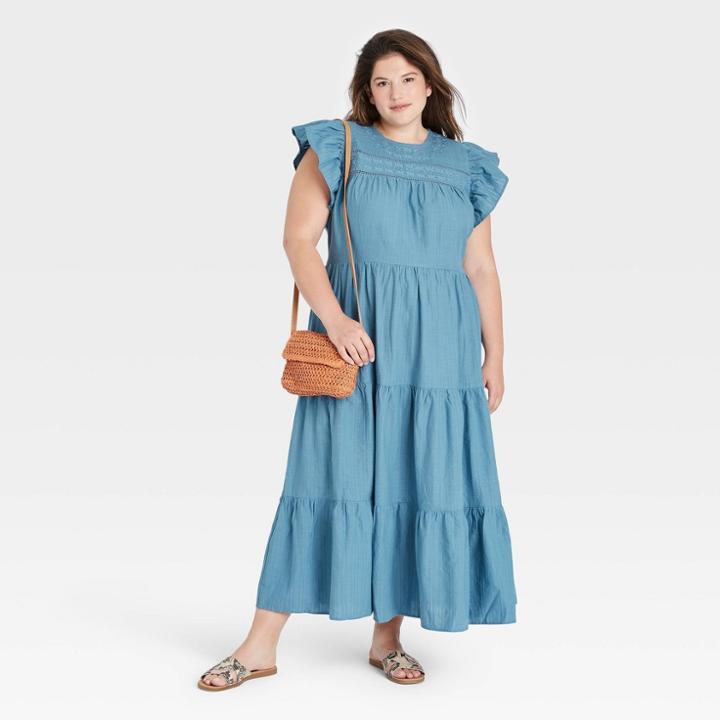 Women's Plus Size Striped Flutter Short Sleeve Dress - Universal Thread Blue
