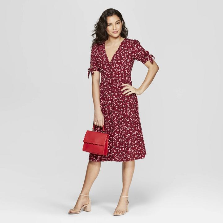 Women's Floral Print Short Sleeve Crepe Dress - A New Day Burgundy
