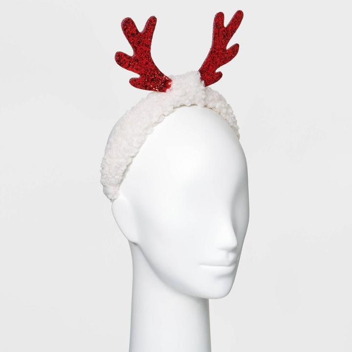 No Brand Holiday Novelty Sherpa Reindeer Antlers Headbands - Red