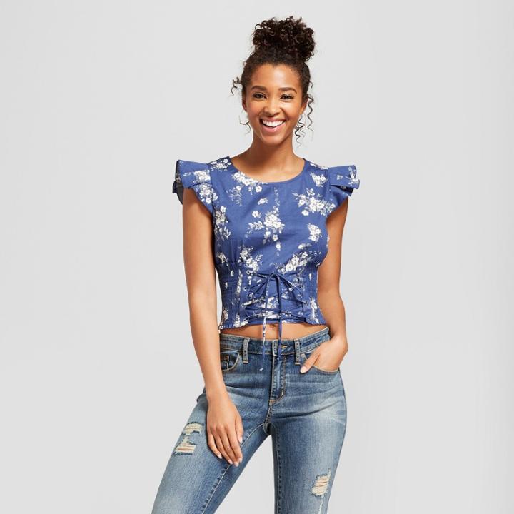 Women's Floral Corset Front Flutter Sleeve Top - 3hearts (juniors') Blue Xl, Blue Off-white