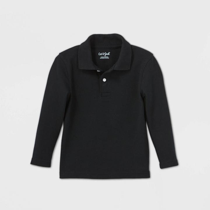 Toddler Boys' Long Sleeve Interlock Uniform Polo Shirt - Cat & Jack Black