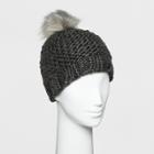 Women's Striped Fleece Lined Chunky Knit With Faux Fur Pom Beanie - Universal Thread Gray