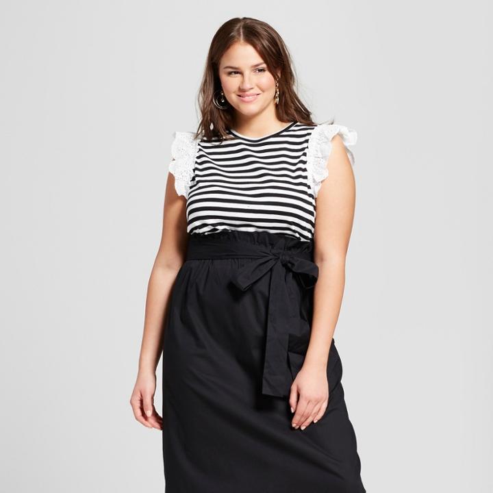 Women's Plus Size Striped Ruffle Tank - Who What Wear Black