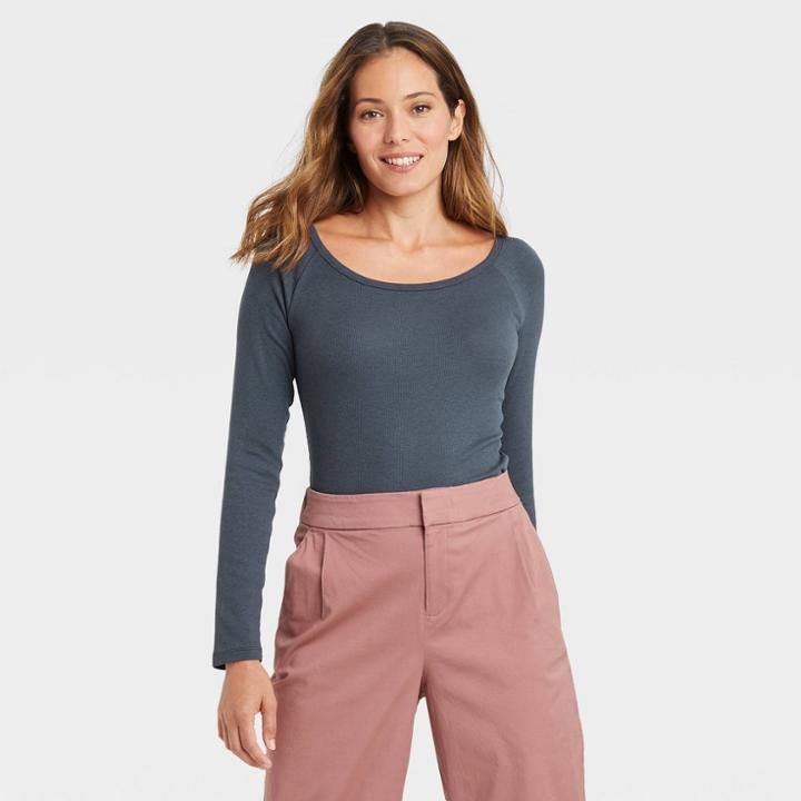 Women's Long Sleeve Ribbed Bodysuit - A New Day Blue