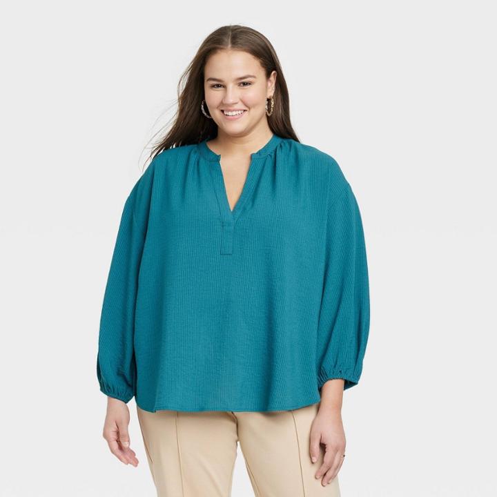 Women's Plus Size Long Sleeve Popover Top - A New Day Teal