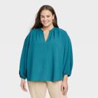 Women's Plus Size Long Sleeve Popover Top - A New Day Teal