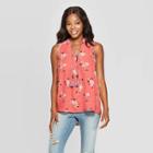Women's Floral Print Sleeveless V-neck Button Front Tank Top With Tassels - Xhilaration Coral