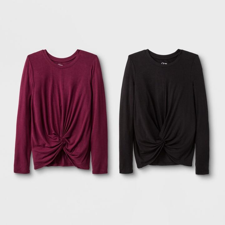 Girls' Long Sleeve Tie Knot Front 2pk Tank Top - Art Class Black/maroon