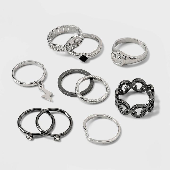 Multi Smiley Face And Lightning Bolt Ring Set 10pc - Wild Fable , Grey/silver