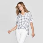 Women's Plaid Short Sleeve V-neck Wrap Front Top - Universal Thread Blue