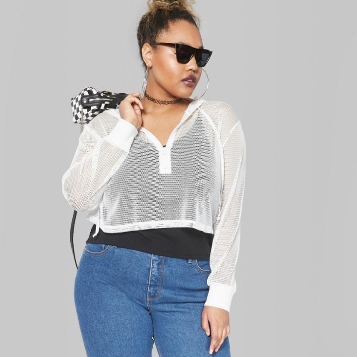 Women's Plus Size Mesh Half Zip Cropped Long Sleeve Hoodie - Wild Fable White