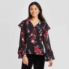 Women's Floral Print Ruffle Long Sleeve V-neck Blouse - A New Day Black