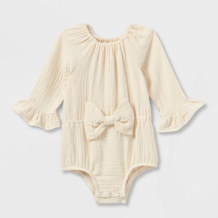 Grayson Collective Baby Girls' Woven Bow Bubble Romper - Cream Newborn