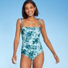 Women's Shoulder Tie Square Neck Medium Coverage One Piece Swimsuit - Kona Sol Blue Tie-dye