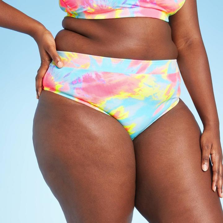 Juniors' Plus Size Ribbed High Leg High Waist Bikini Bottom - Xhilaration Tie-dye