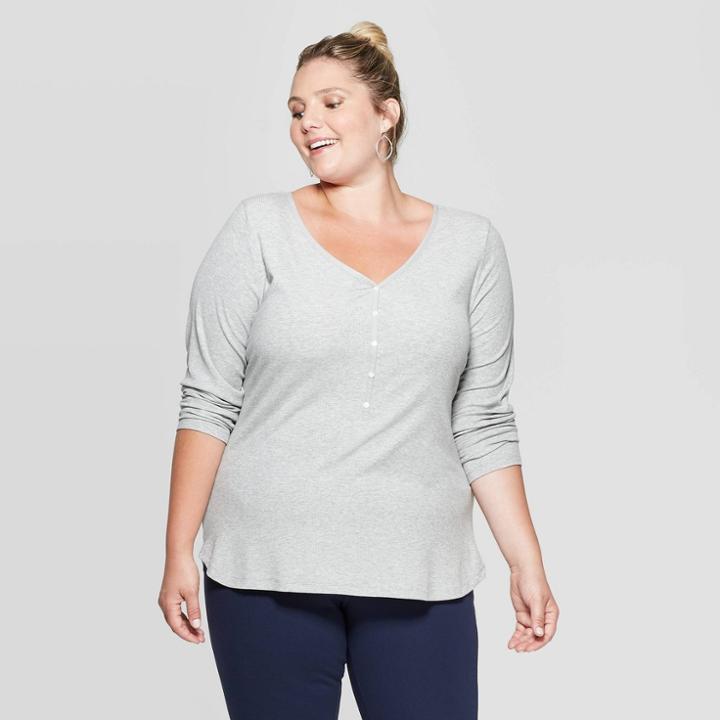 Women's Plus Size Long Sleeve V-neck Ribbed Henley T-shirt - Ava & Viv Light Gray Heather X, Light Gray Grey