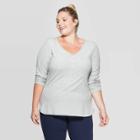 Women's Plus Size Long Sleeve V-neck Ribbed Henley T-shirt - Ava & Viv Light Gray Heather X, Light Gray Grey