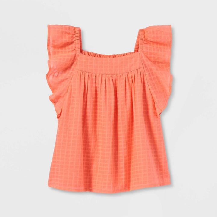 Girls' Flutter Sleeve Woven Top - Cat & Jack Medium Coral Xs,