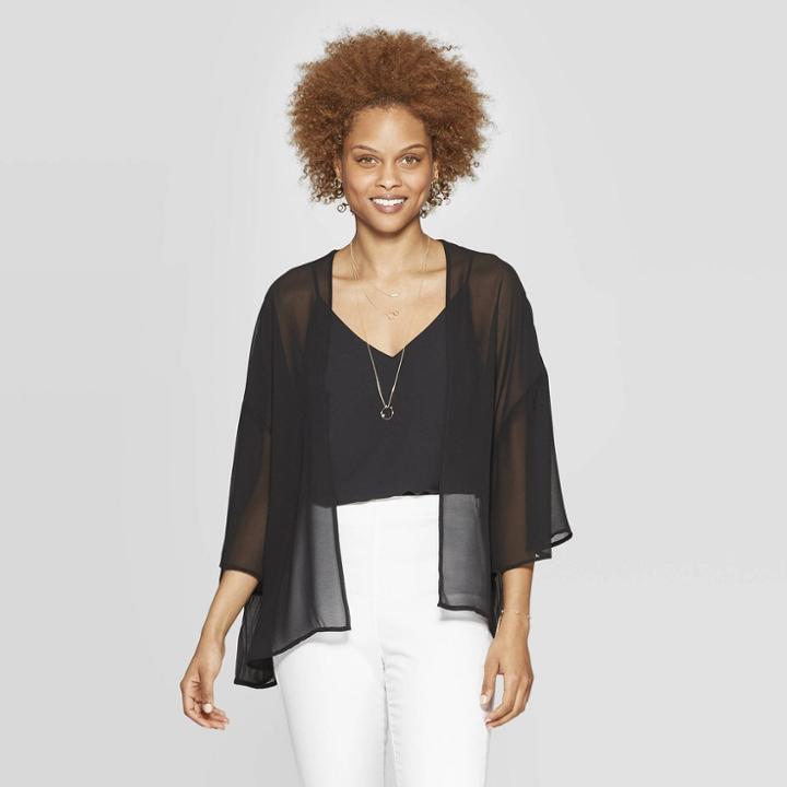 Women's Woven Pleat Back Kimono - A New Day One Size, Black