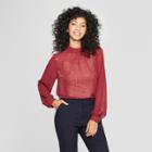 Women's Floral Long Sleeve Sheer Mock Neck Blouse - A New Day Burgundy