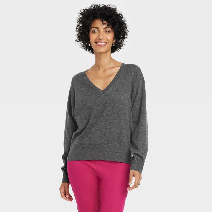 Women's Fine Gauge V-neck Sweater - A New Day Dark Gray