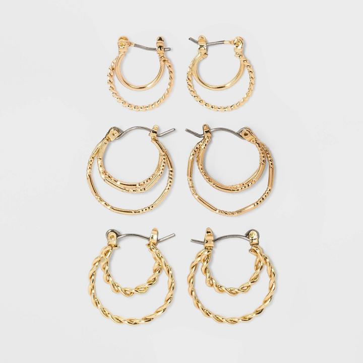 Gold-tone Click Top Hoop Earring Set 3pc - Wild Fable Gold