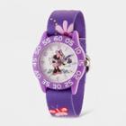 Girls' Disney Minnie Mouse Plastic Time Teacher Hook And Loop Nylon Strap Watch - Purple