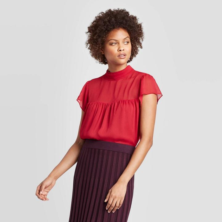 Women's Flutter Short Sleeve Turtleneck Blouse - A New Day Red