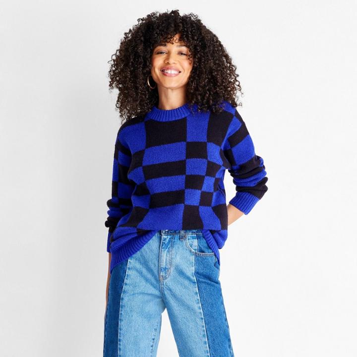 Women's Crewneck Slouchy Pullover Sweater - Future Collective With Kahlana Barfield Brown Blue/black Geometric Xxs