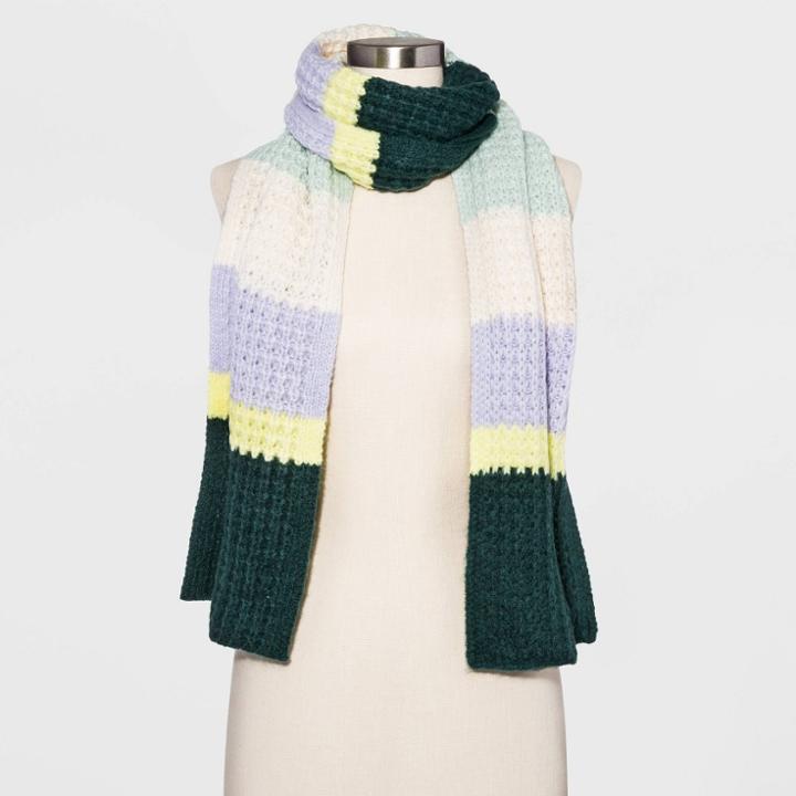 Women's Striped Waffle Stitch Scarf - Universal Thread Green