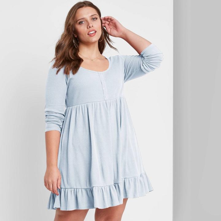 Women's Plus Size Long Sleeve Waffle Knit Babydoll Dress - Wild Fable