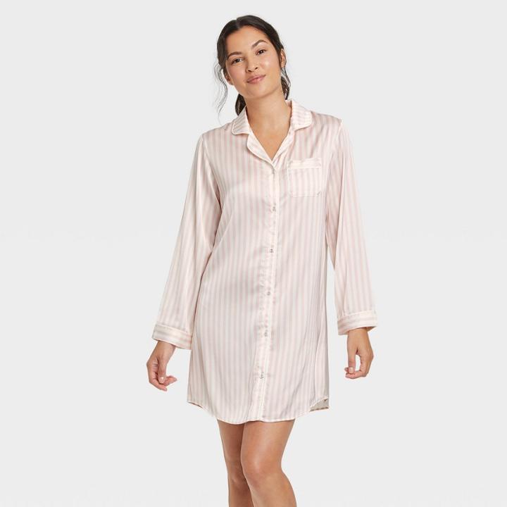 Women's Striped Satin Notch Collar Nightgown - Stars Above Pink